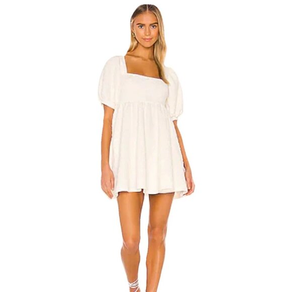 FREE PEOPLE White Square Neckline Tie Back Puff Sleeve "Violet" Minidress Sz L - Picture 2 of 13